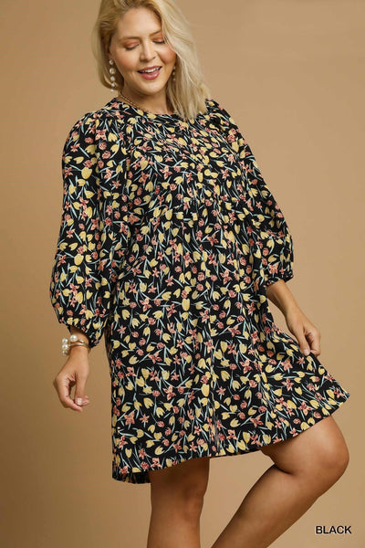 Black Floral LS Corduroy Dress