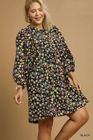 Black Floral LS Corduroy Dress