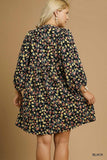 Black Floral LS Corduroy Dress