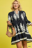 Two Tone Border Print Dress in Navy