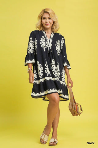 Two Tone Border Print Dress in Navy