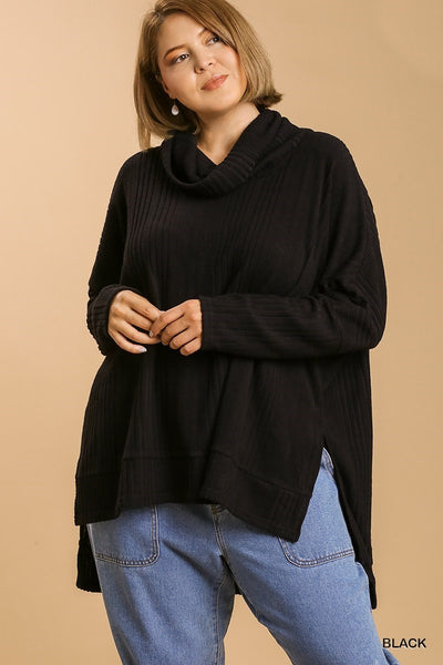 Ribbed Cowl Neck Top in Black