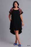 Embroidered Sleeve Linen Scoop Dress in Black