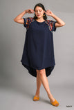 Embroidered Sleeve Linen Scoop Dress in Navy