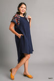 Embroidered Sleeve Linen Scoop Dress in Navy