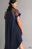 Embroidered Sleeve Linen Scoop Dress in Navy