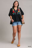 Embroidered Cotton Baby Doll Top in Black
