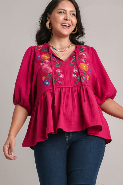 Embroidered Cotton Baby Doll Top in Ruby