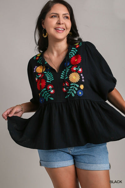 Embroidered Cotton Baby Doll Top in Black