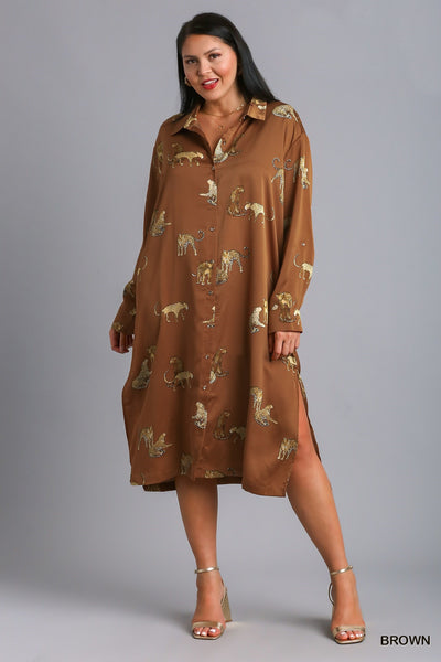 Animal Print Midi Shirt Dress in Cognac