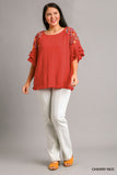 Embroidered Sleeve Linen Blend Top in Cherry Red