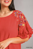 Embroidered Sleeve Linen Blend Top in Cherry Red