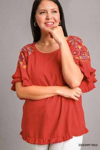 Embroidered Sleeve Linen Blend Top in Cherry Red