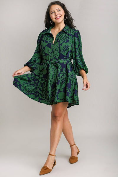 Navy & Green Collared Button Dress