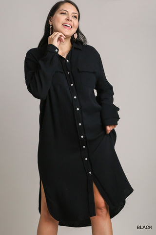 Cotton Midi LS Shirt Dress in Black