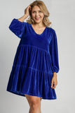 Velvet V Neck Tiered Dress in Blue