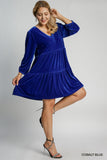 Velvet V Neck Tiered Dress in Blue