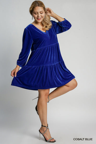 Velvet V Neck Tiered Dress in Blue