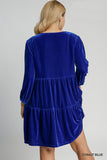 Velvet V Neck Tiered Dress in Blue