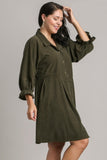 Corduroy Shirt Dress in Olive