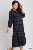 3/4 Sleeve Circle Cotton Tiered Midi Dress in Navy