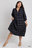 3/4 Sleeve Circle Cotton Tiered Midi Dress in Navy