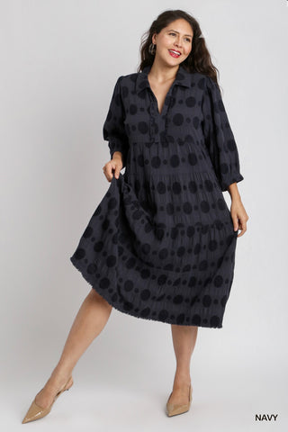3/4 Sleeve Circle Cotton Tiered Midi Dress in Navy