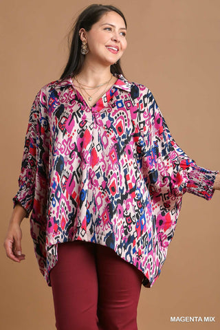 Magenta Print Collared Flow Top