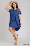 Embroidered Sleeve Cotton Scoop Dress in Blue