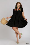 Embroidered Pom Sleeve Dress in Black