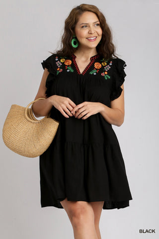 Embroidered Pom Sleeve Dress in Black