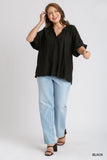 Solid Linen Blend Top with Button Detail