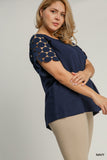 Circle Dot Sleeve Linen Blend Top in Navy