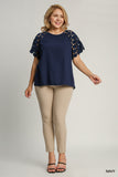 Circle Dot Sleeve Linen Blend Top in Navy