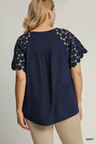 Circle Dot Sleeve Linen Blend Top in Navy