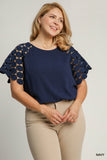 Circle Dot Sleeve Linen Blend Top in Navy