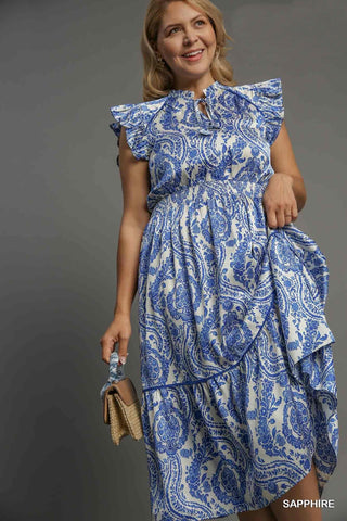 Two Tone Paisley Midi Dress in Blue