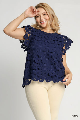 Floral Lace Crochet Top in Navy