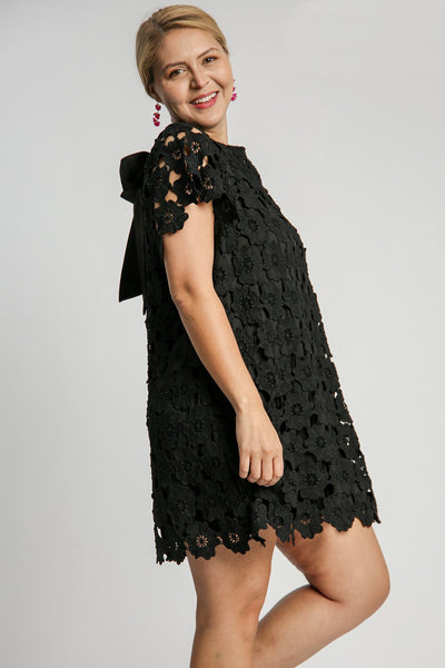 Bow Back Floral Lace Dress in Black