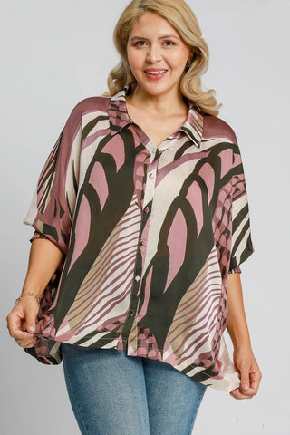 Textured Mauve Print Button Up Top