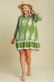 Green Border Print Button Down Dress