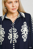 Navy Border Print Button Down Dress