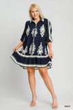 Navy Border Print Button Down Dress