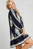 Navy Border Print Button Down Dress