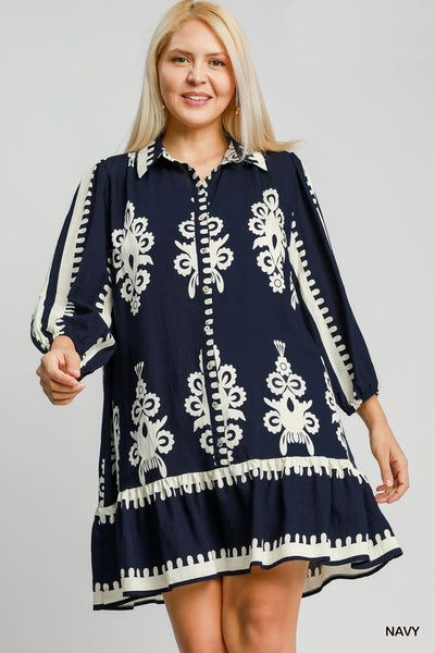 Navy Border Print Button Down Dress