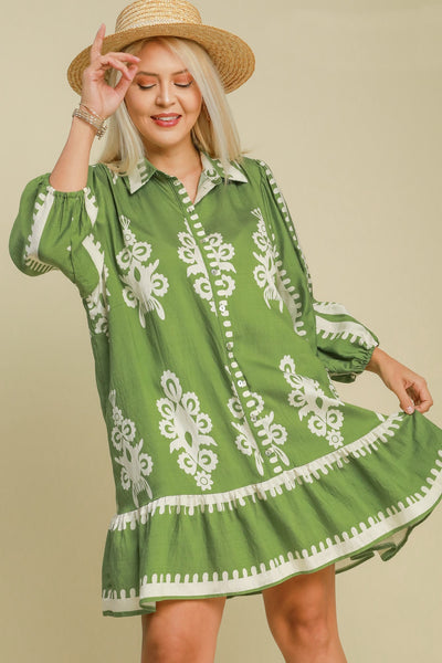 Green Border Print Button Down Dress