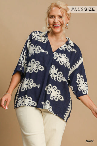 Border Print Collared Top in Navy