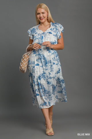 Blue & White Landscape Print Midi