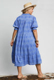 Circle Print Cotton Tiered Midi Dress in Light Blue
