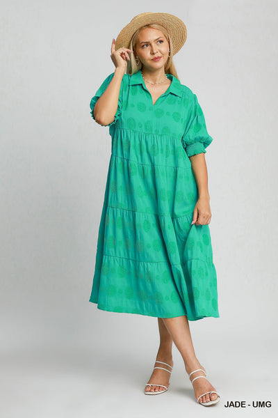 Circle Print Cotton Tiered Midi Dress in Jade